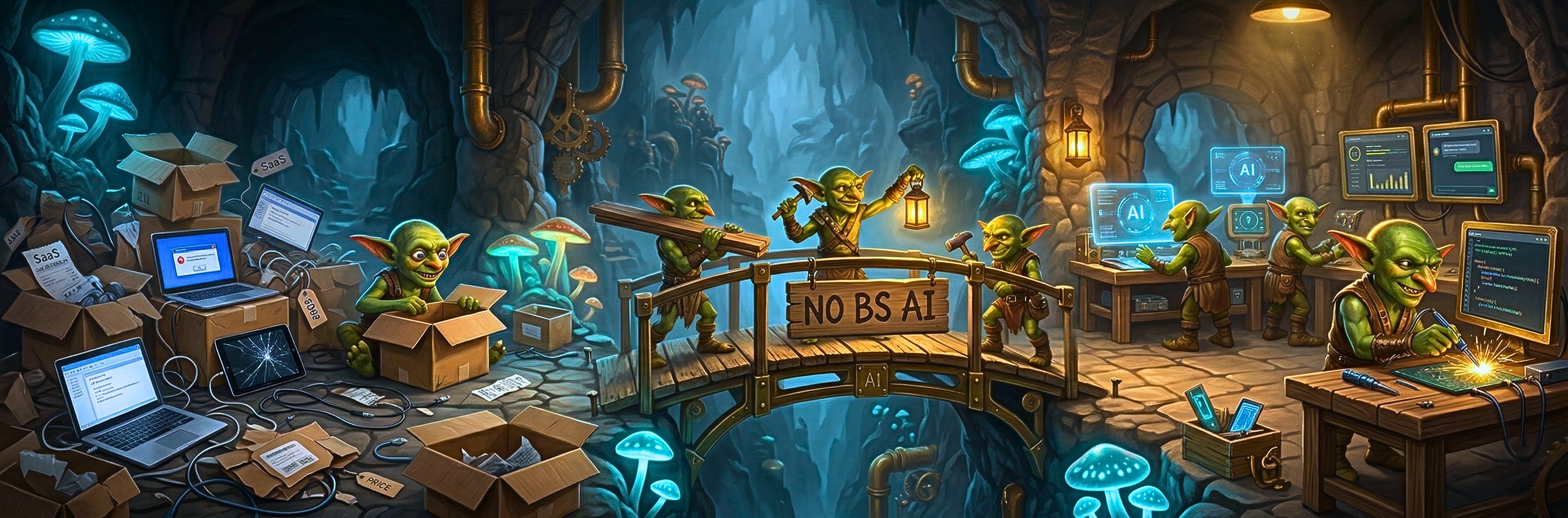 Goblin grotto panorama: on the left, frustrated goblins surrounded by discarded software boxes; in the center, goblins building a bridge labeled NO BS AI; on the right, empowered goblins building their own AI tools at glowing workbenches