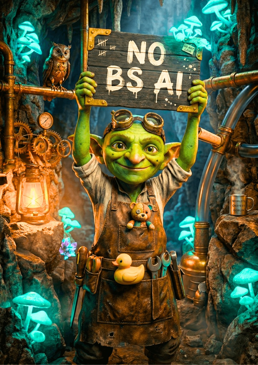 Cheerful goblin holding NO BS AI sign in underground workshop with glowing mushrooms